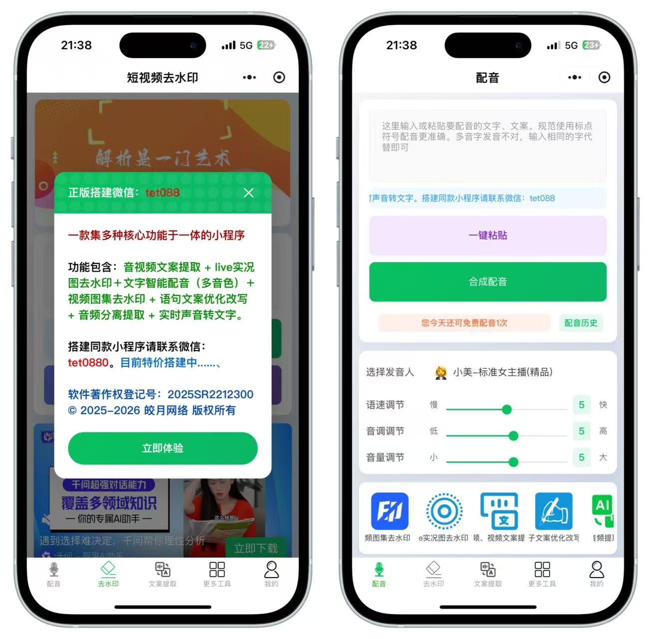 文案提取、配音、视频去水印、动图去水印、文案改写润色、录音转文字、音频提取